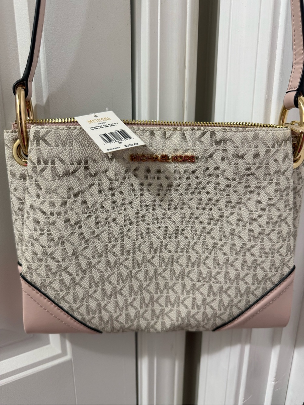 Michael Kors Beige MK Logo Crossbody with Pale Pink Trim